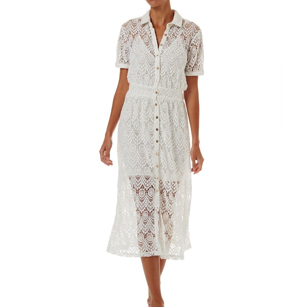 Melissa Odabash April Cream Lace Midi Button-Down Shirt Dress - Size Small
